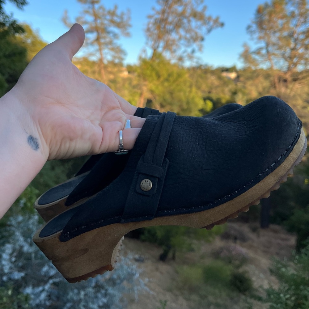 Sanita Black Leather Clogs